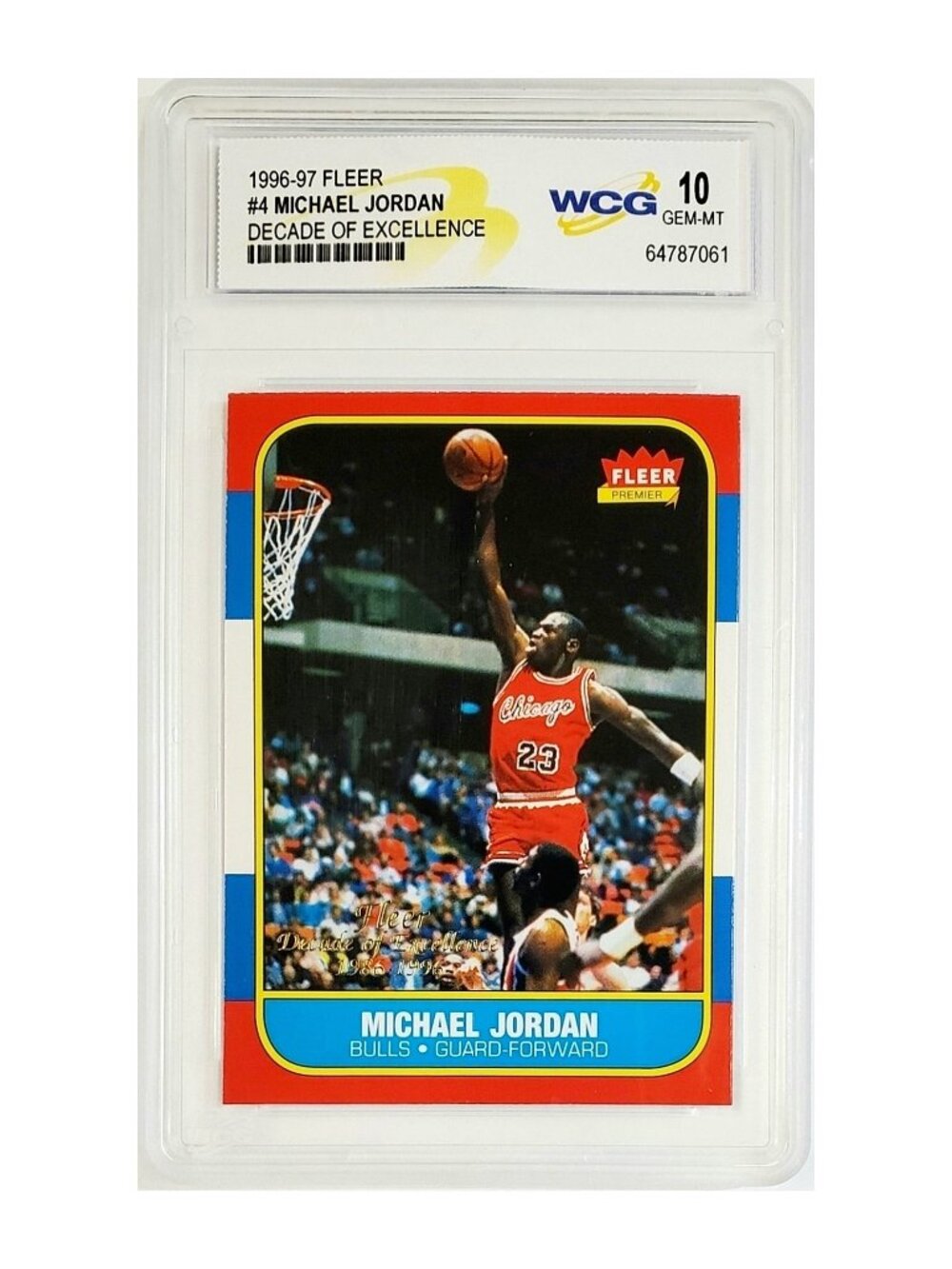 GRADED 10 MICHAEL JORDAN "ROOKIE RETRO" 1996 FLEER DECADE, CHICAGO BULLS, HOF!